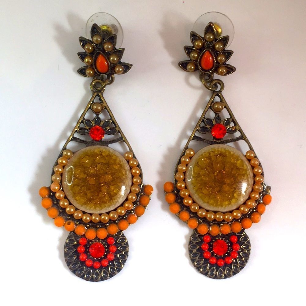 Statement Earrings. Post Dangles Orange Rhinestone - image 2